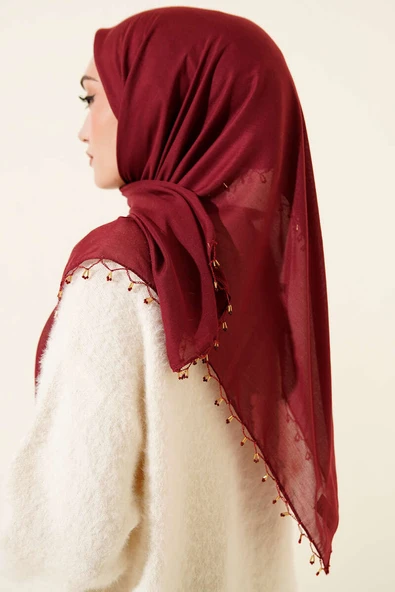 Mini Boncuk Detaylı Eşarp Bordo - Resim 3