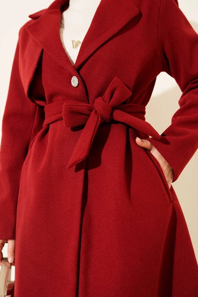 Tek Omuz Apoletli Düğme Detaylı Kaşe Kaban Bordo - Resim 4