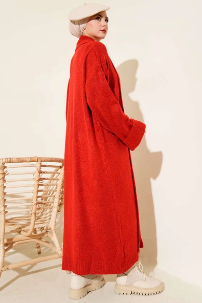 Şal Yaka Uzun Triko Hırka Kırmızı - Resim 3
