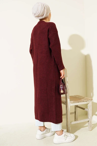 Salaş Fitilli Uzun Hırka Bordo - Resim 3