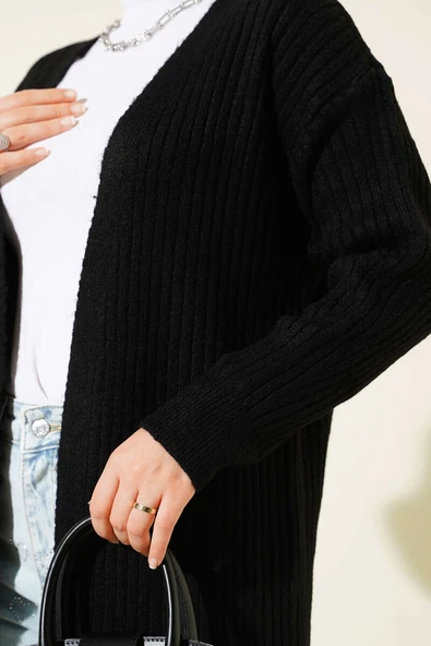 Salaş Fitilli Uzun Hırka Siyah - Resim 4