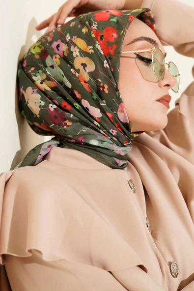 Mini Çiçek Detaylı Soft Eşarp Zümrüt - Resim 2