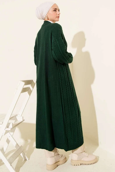 Örgü Büzgülü Uzun Triko Hırka Zümrüt Yeşili - Resim 3