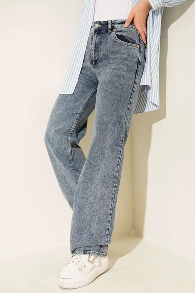 Çift Cepli Palazzo Kot Pantolon Kar Koyu ürün görseli 1