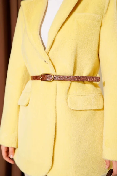 Tek Düğmeli Kemerli Sakallı Ceket Sarı - Resim 4
