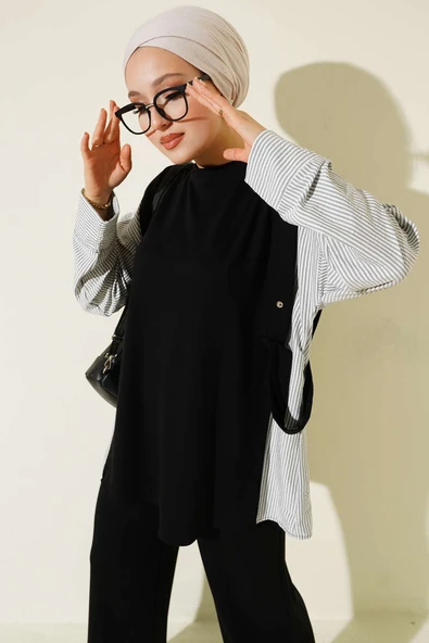 Çizgi Garnili Bisiklet Yaka Loyşa İkili Takım Siyah ürün görseli 1