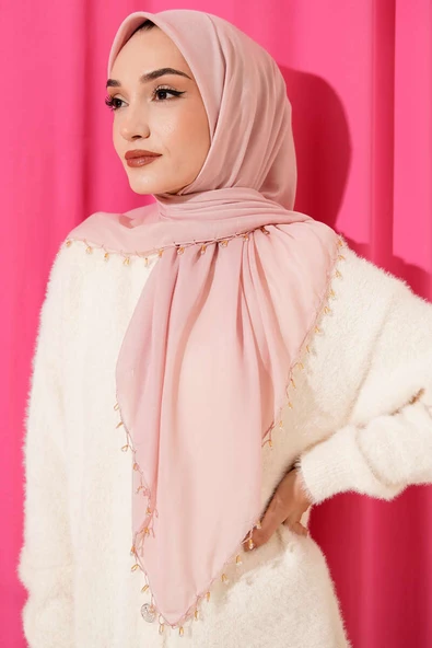 Mini Boncuk Detaylı Eşarp Pudra ürün görseli 1