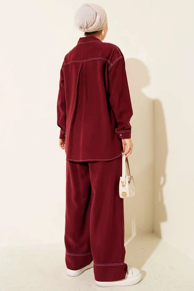 Gömlek Yaka Tek Cepli İkili Takım Bordo - Resim 3