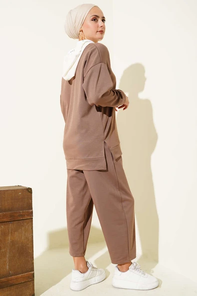 Kapşonlu Garnili İkili Takım Vizon - Resim 3