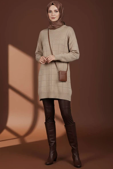 Kare Kabartmalı Yumoş Triko Tunik Latte - Resim 3