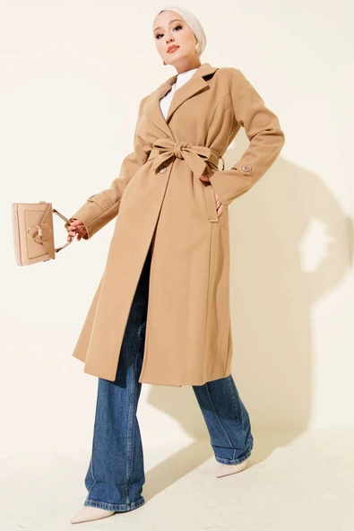 Kruvaze Yaka Kaşe Kaban Latte - Resim 2