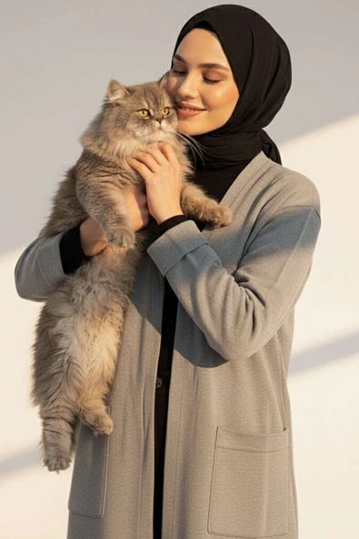 Basic Çift Cepli Uzun Triko Hırka Gri - Resim 2