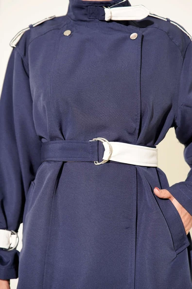 Çıtçıt Düğmeli Deri Detaylı Trençkot Lacivert - Resim 4