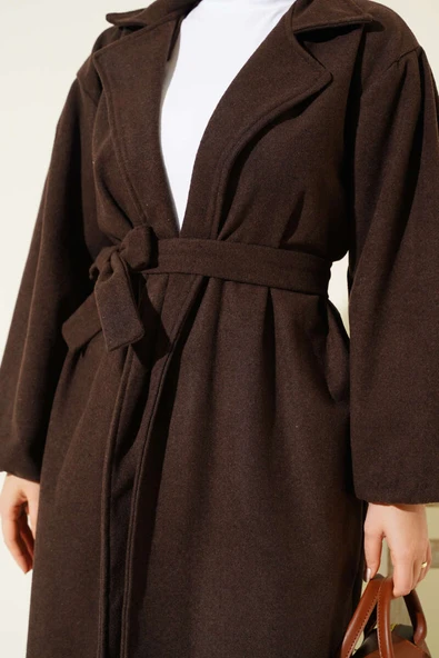 Cepli Kuşaklı Kruvaze Yaka Kaşe Kaban Kahve - Resim 4