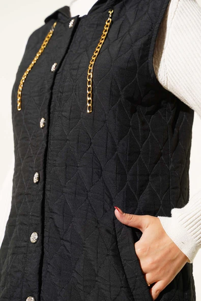 Kapuşonlu Kapitone Kısa Yelek Siyah - Resim 4