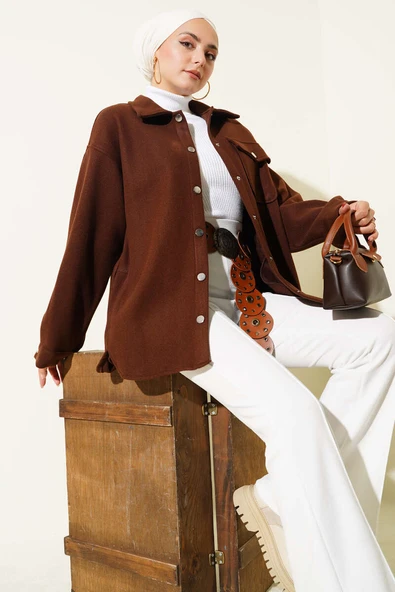 Çıtçıt Düğmeli Gömlek Yaka Kaşe Ceket Kahve