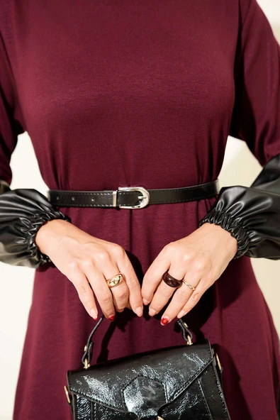 Deri Garnili Kemerli Elbise Bordo - Resim 4