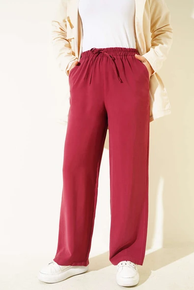 Bel Lastikli Tencel Pantolon Bordo - Resim 2