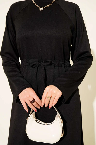 Bisiklet Yaka Bel Tünelli Loyşa Elbise Siyah - Resim 4