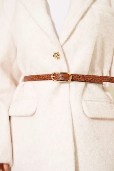 Tek Düğmeli Kemerli Sakallı Ceket Taş - Resim 4