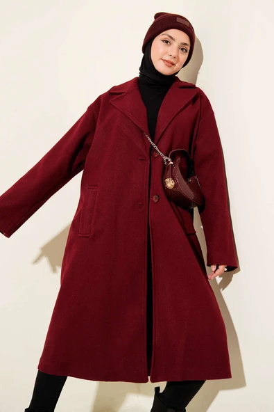 Kruvaze Yaka İki Düğmeli Detaylı Kaşe Kaban Bordo ürün görseli 1