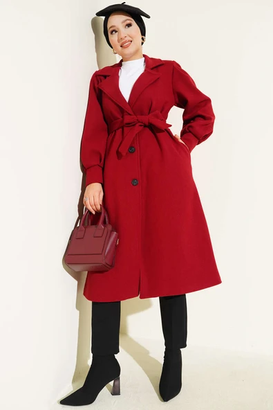 Balon Kollu Uzun Model Kırmızı Kaşe Kaban ürün görseli 1