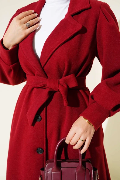 Balon Kollu Uzun Model Kırmızı Kaşe Kaban - Resim 4