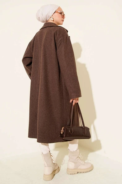 Kruvaze Yaka İki Düğmeli Detaylı Kaşe Kaban Kahve - 3