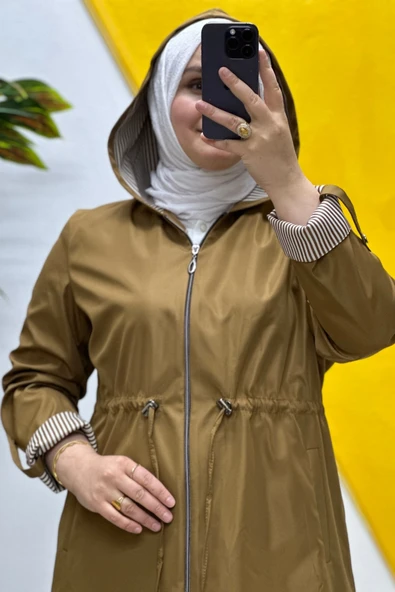 Kadın Tesettür Giyim Büyük Beden Mevsimlik Kısa Trençkot - Resim 8
