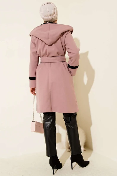 Kapüşonlu Kuşaklı Kaşe Kaban Pudra - Resim 3