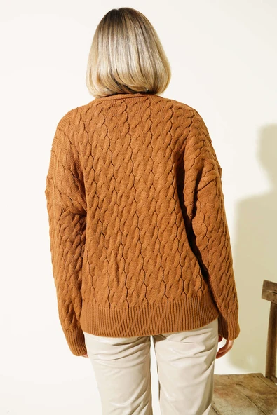 Oversize Cepli Örgü Hırka Taba - 3