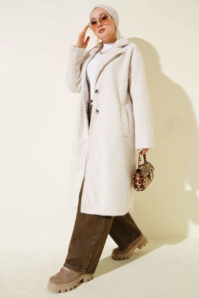 Kruvaze Yaka Düğme Detaylı Kaşe Kaban Taş - Resim 2