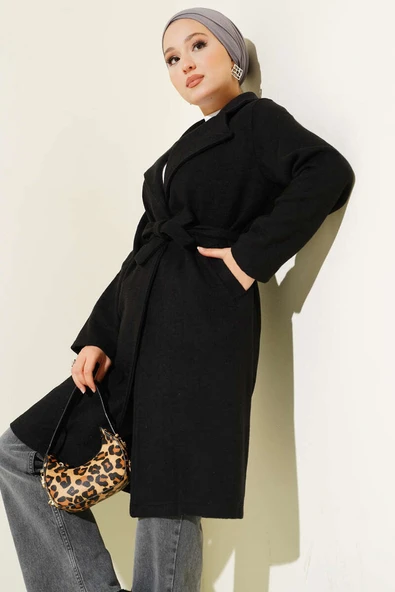 Kruvaze Yaka Belden Kuşaklı Kaban Siyah - Resim 2
