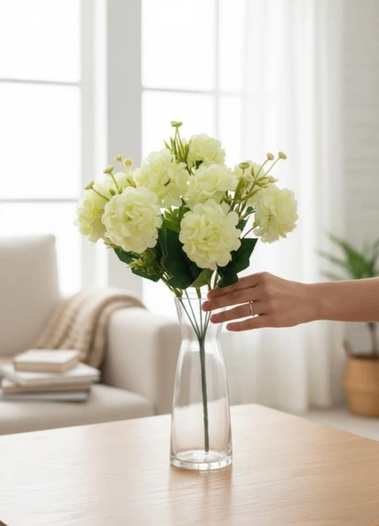 Yapay Çiçek Kartopu Krizantem Beyaz 5Dallı 10toplu Demet 30cm - Resim 7