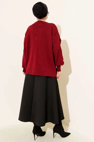 Çiçek İşlemeli Triko Kazak Bordo - Resim 3