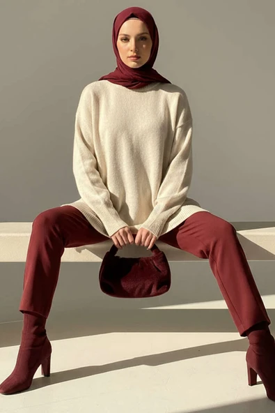 Yan Yırtmaçlı Yumoş Uzun Triko Tunik Taş - Resim 2