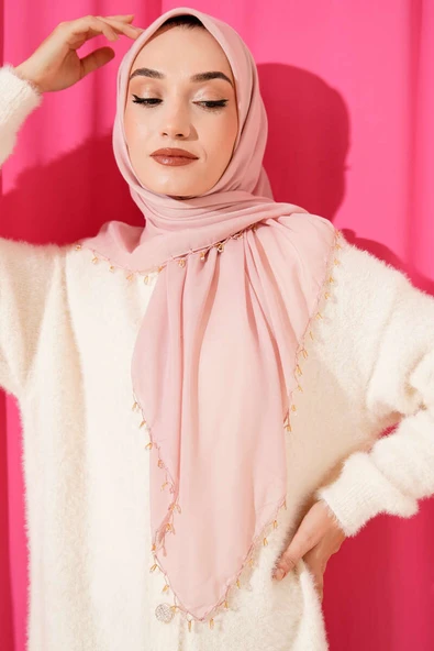 Mini Boncuk Detaylı Eşarp Pudra - Resim 2