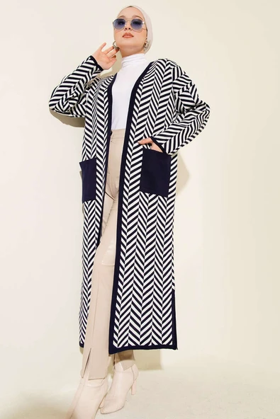 Zikzak Çizgili Desenli Uzun Triko Hırka Lacivert - Resim 2