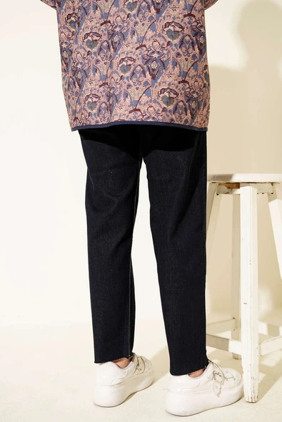 Kesik Paça Mom Jean Pantolon Lacivert - 3