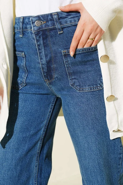 Üst Cepli Palazzo Kot Pantolon Açık Mavi - Resim 4