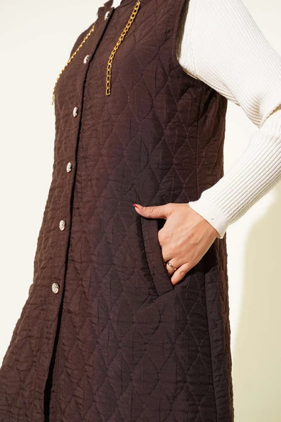 Kapuşonlu Kapitone Kısa Yelek Kahve - Resim 4