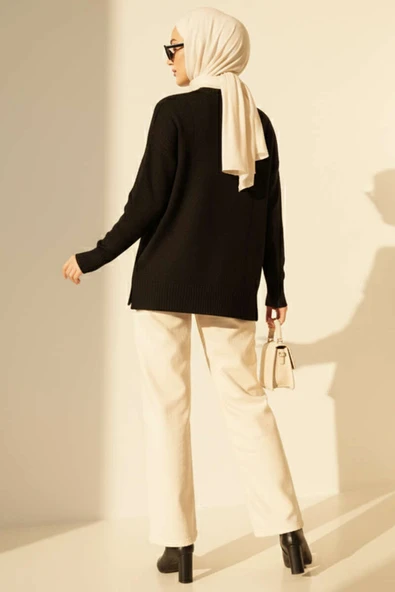 Kare Desenli Triko Kazak Siyah - Resim 3