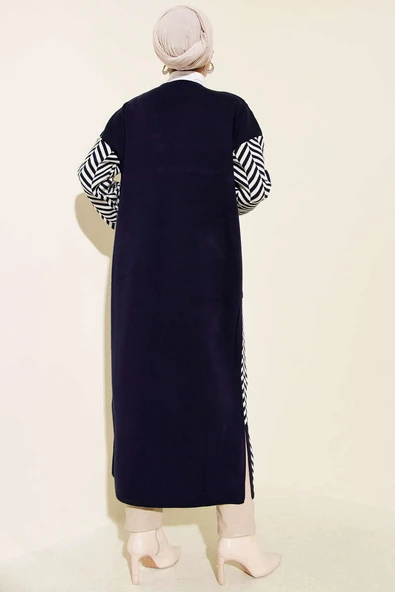 Zikzak Çizgili Desenli Uzun Triko Hırka Lacivert - Resim 3