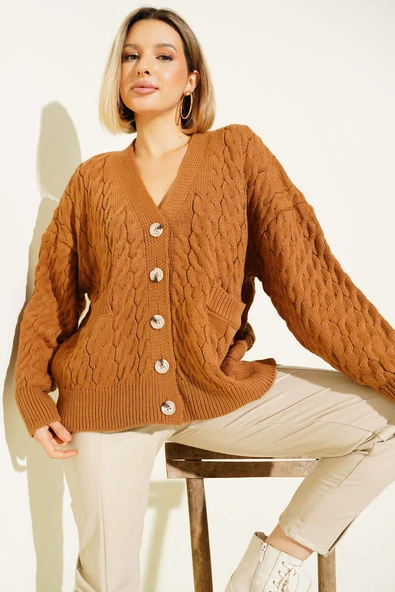 Oversize Cepli Örgü Hırka Taba - 2