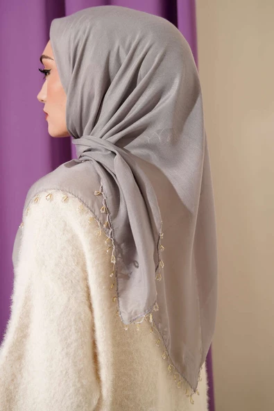 Mini Boncuk Detaylı Eşarp Kayrak Grisi - Resim 3