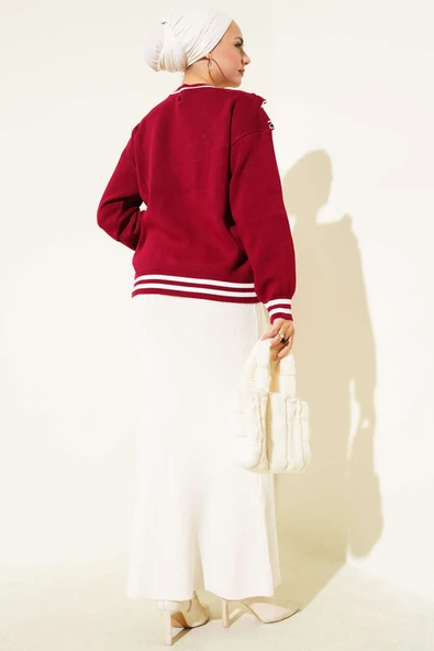 Önü Fırfırlı Triko Kazak Bordo - Resim 3