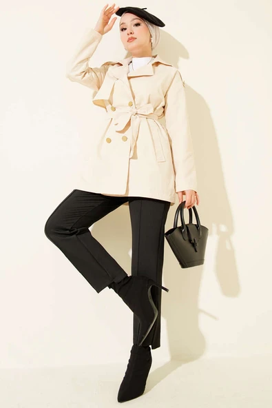 Tek Omuz Apoletli Düğmeli Trençkot Bej - Resim 2