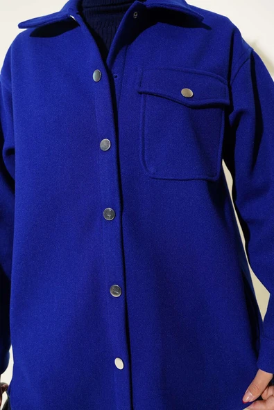 Çıtçıt Düğmeli Gömlek Yaka Kaşe Ceket Saks - 4