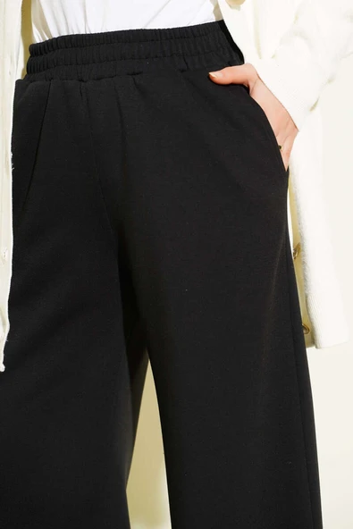 Beli Lastikli Bol Paça Pantolon Siyah - Resim 4