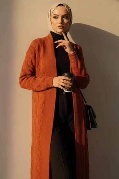 Şal Yaka Örgü Desenli Uzun Triko Hırka Kiremit - Resim 2